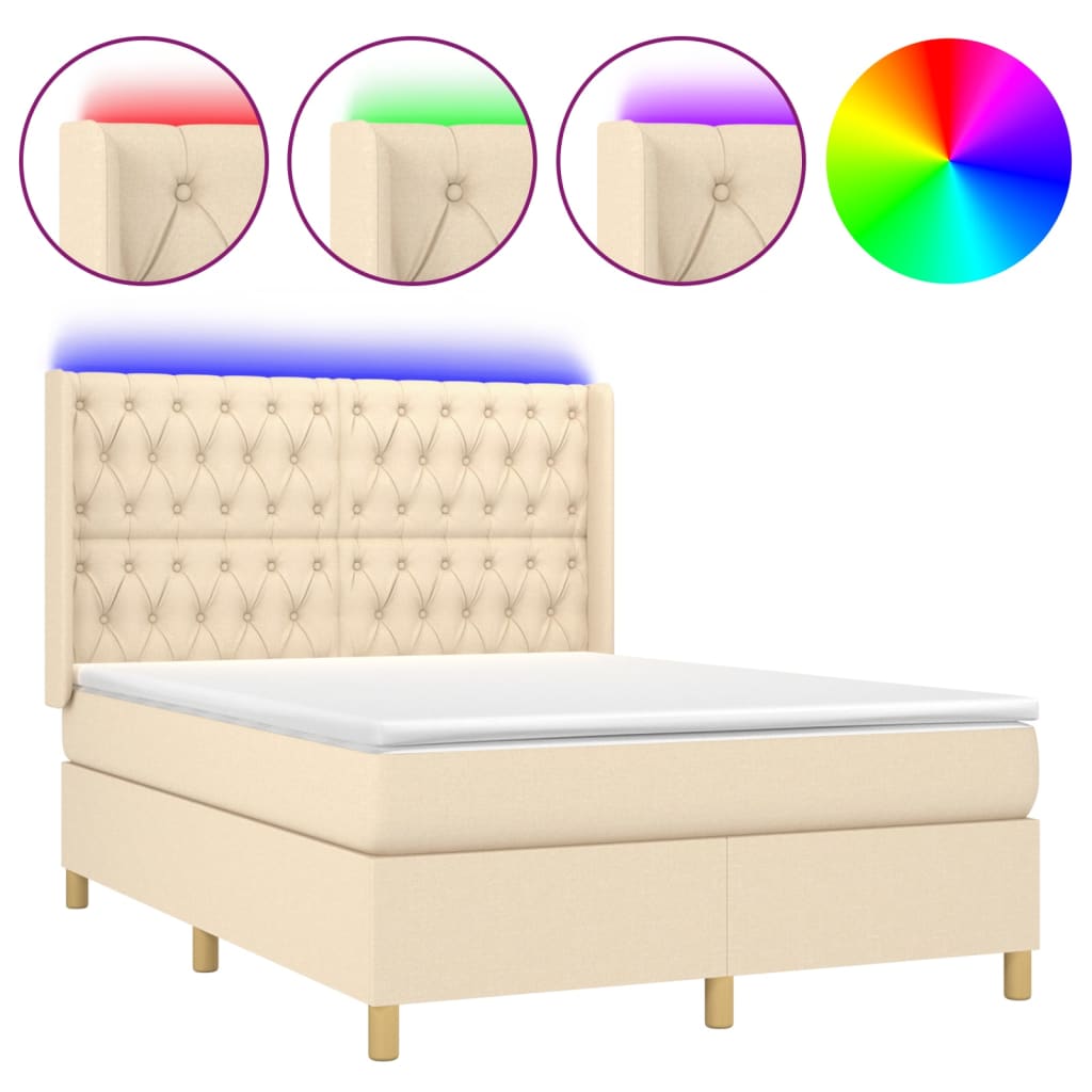 Κρεβάτι Boxspring με Στρώμα & LED Κρεμ 140x190 εκ. Υφασμάτινο - Pakobazaar