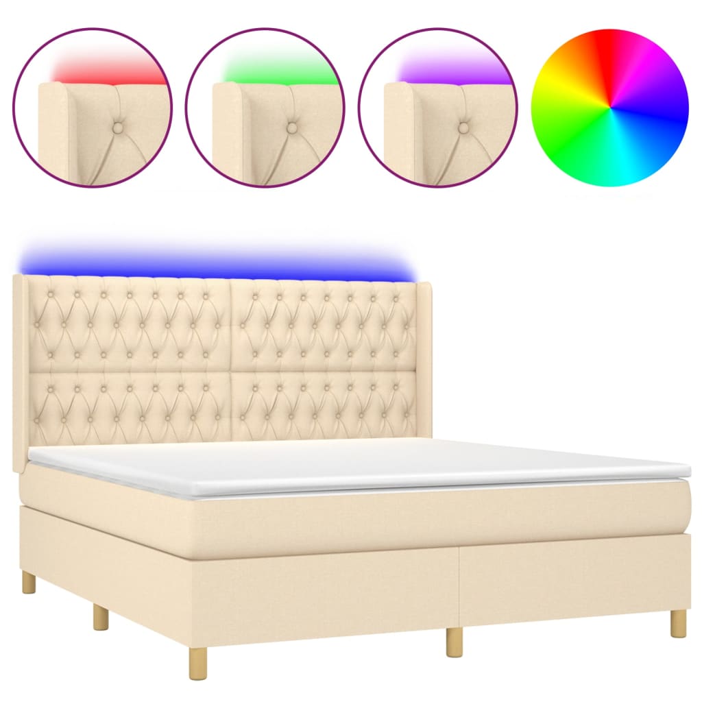 Κρεβάτι Boxspring με Στρώμα & LED Κρεμ 160x200 εκ. Υφασμάτινο