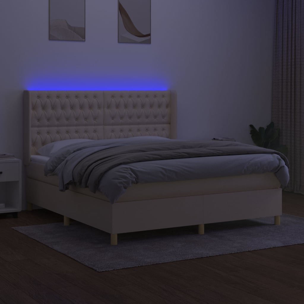 Κρεβάτι Boxspring με Στρώμα & LED Κρεμ 160x200 εκ. Υφασμάτινο