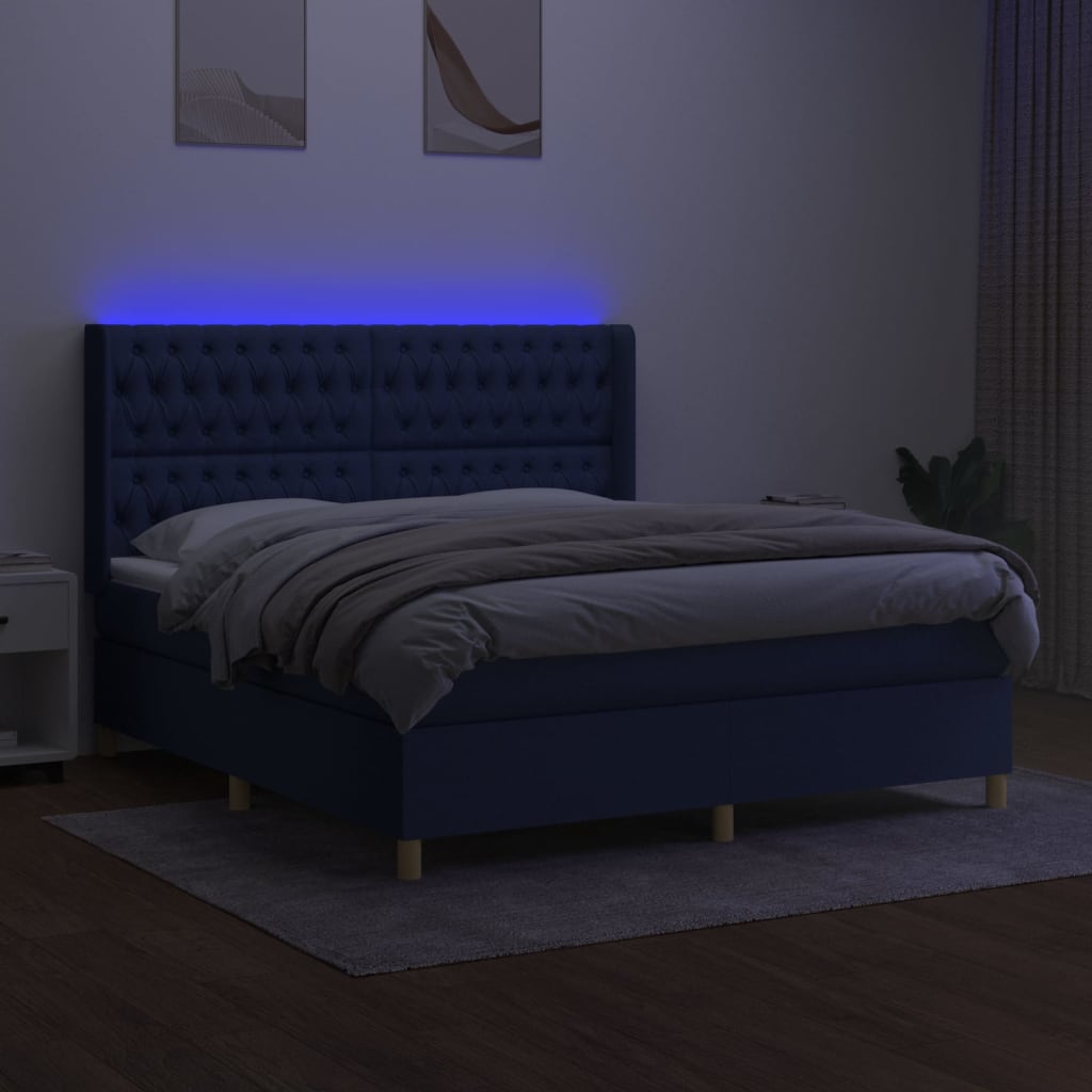 Κρεβάτι Boxspring με Στρώμα & LED Μπλε 160x200 εκ. Υφασμάτινο