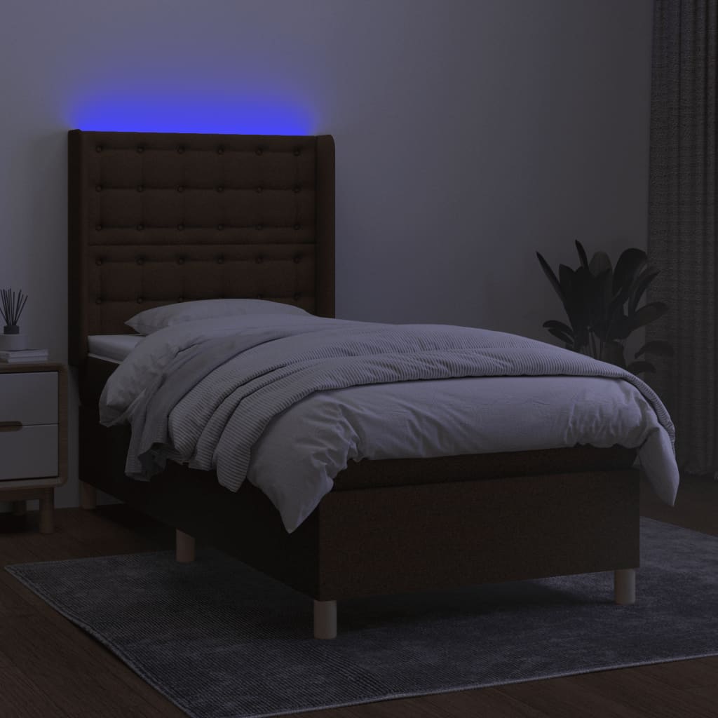 Κρεβάτι Boxspring με Στρώμα & LED Σκ.Καφέ 90x190 εκ. Υφασμάτινο