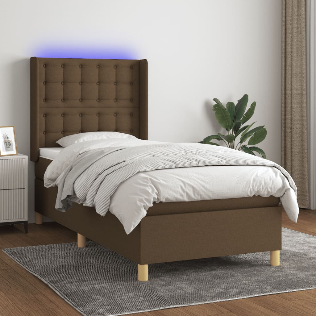 Κρεβάτι Boxspring με Στρώμα & LED Σκ.Καφέ 90x190 εκ. Υφασμάτινο