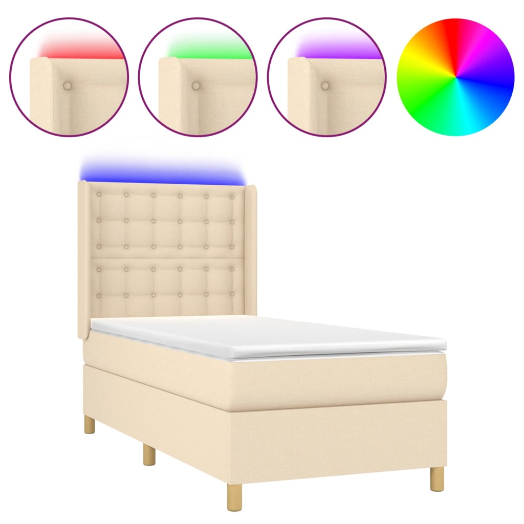 Κρεβάτι Boxspring με Στρώμα & LED Κρεμ 90x190 εκ. Υφασμάτινο