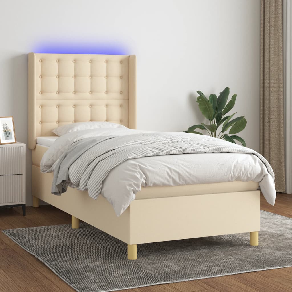 Κρεβάτι Boxspring με Στρώμα & LED Κρεμ 90x190 εκ. Υφασμάτινο