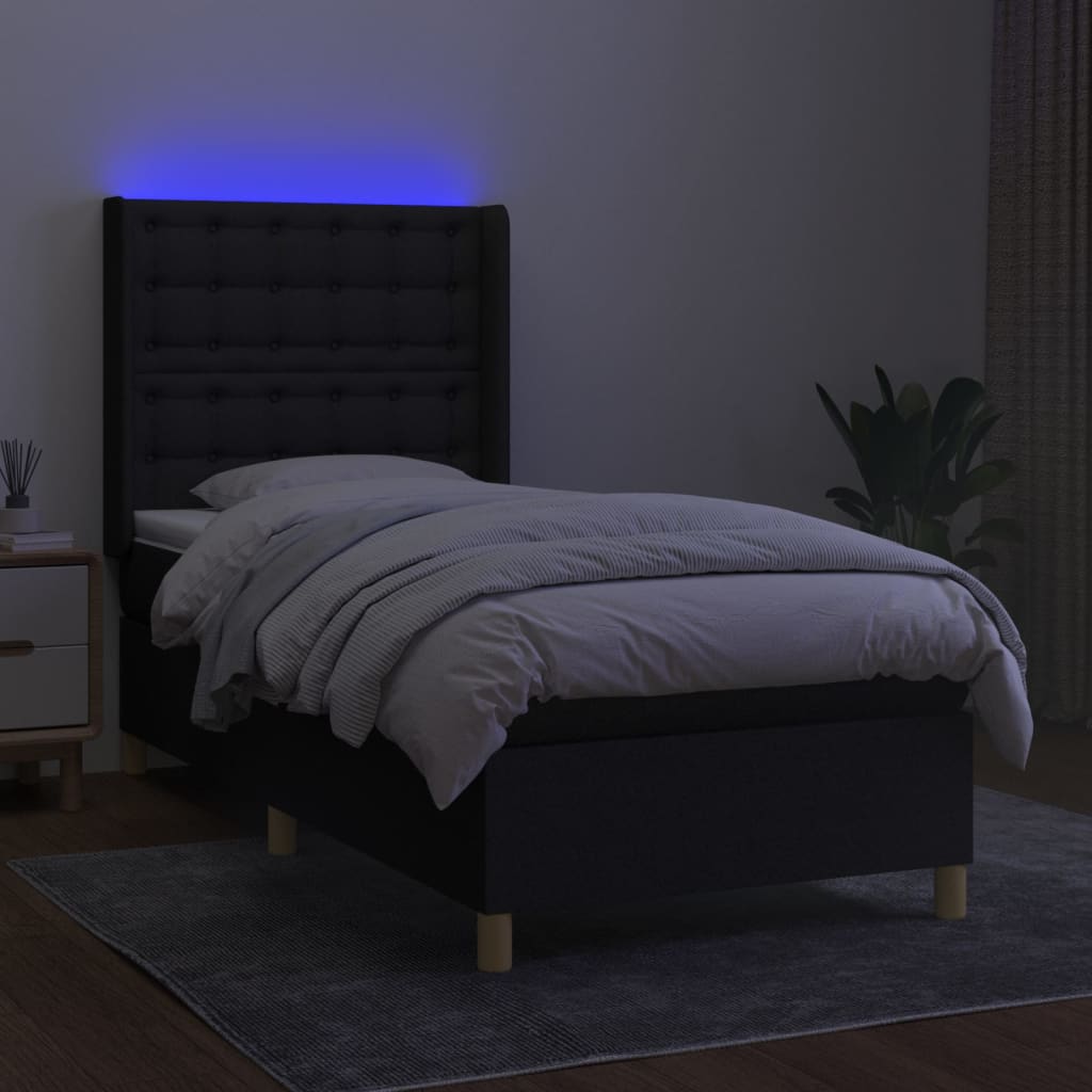 Κρεβάτι Boxspring με Στρώμα & LED Μαύρο 90x200 εκ. Υφασμάτινο