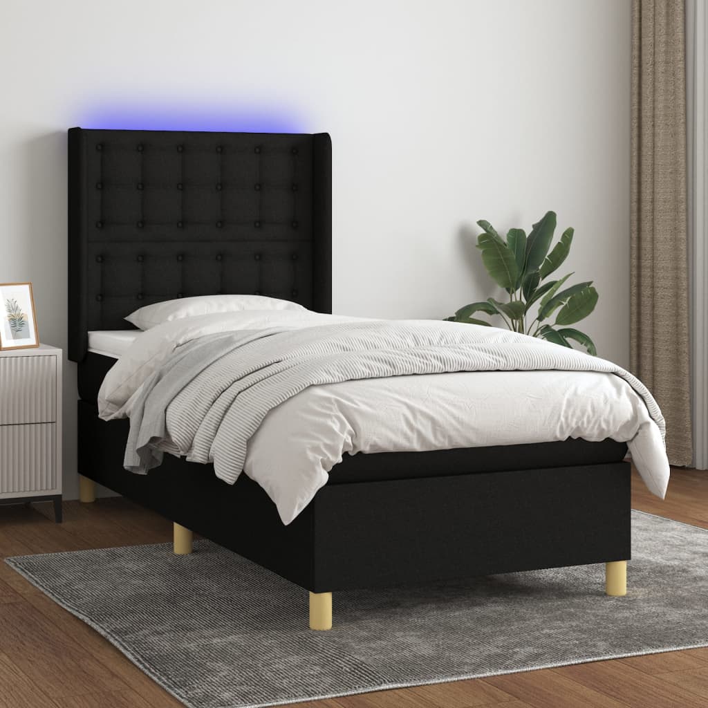 Κρεβάτι Boxspring με Στρώμα & LED Μαύρο 90x200 εκ. Υφασμάτινο