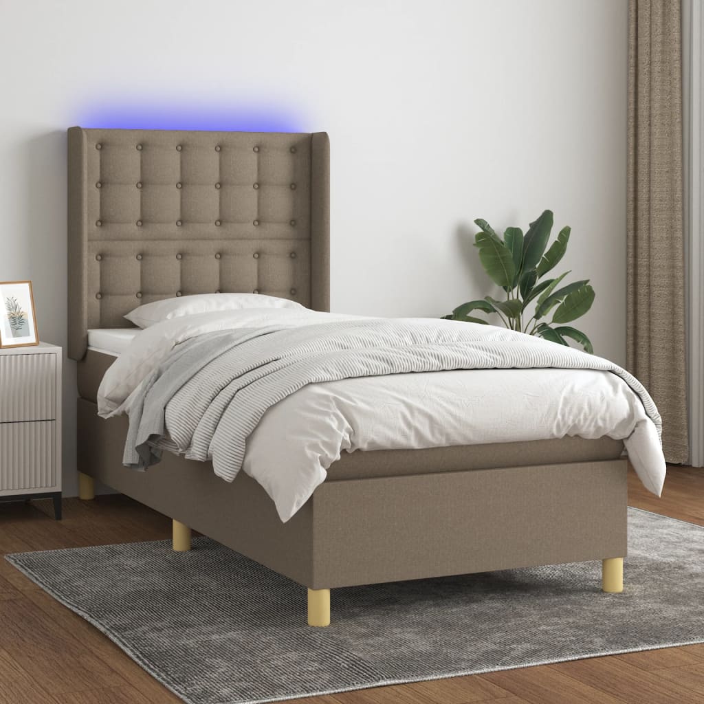 Κρεβάτι Boxspring με Στρώμα & LED Taupe 90x200 εκ. Υφασμάτινο