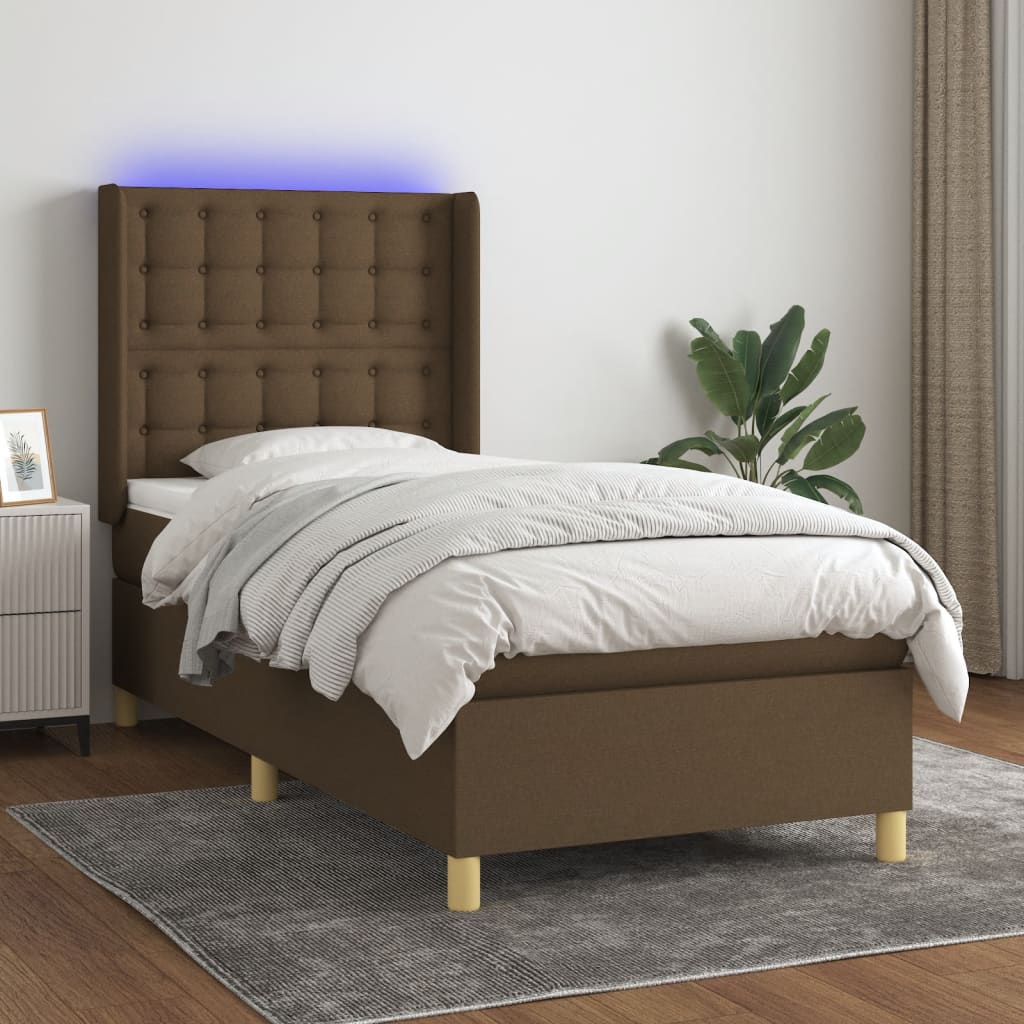 Κρεβάτι Boxspring με Στρώμα & LED Σκ.Καφέ 100x200 εκ Υφασμάτινο