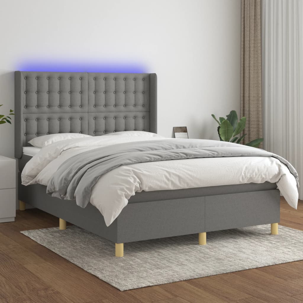 Κρεβάτι Boxspring με Στρώμα & LED Σκ.Γκρι 140x190εκ. Υφασμάτινο