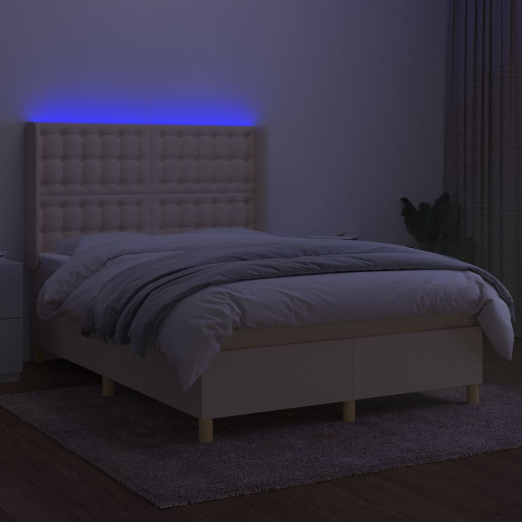 Κρεβάτι Boxspring με Στρώμα & LED Κρεμ 140x190 εκ. Υφασμάτινο - Pakobazaar
