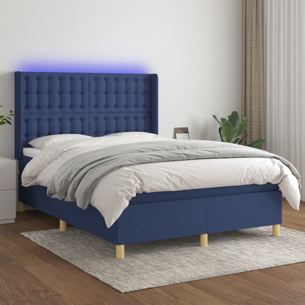 Κρεβάτι Boxspring με Στρώμα & LED Μπλε 140x190 εκ. Υφασμάτινο - Pakobazaar