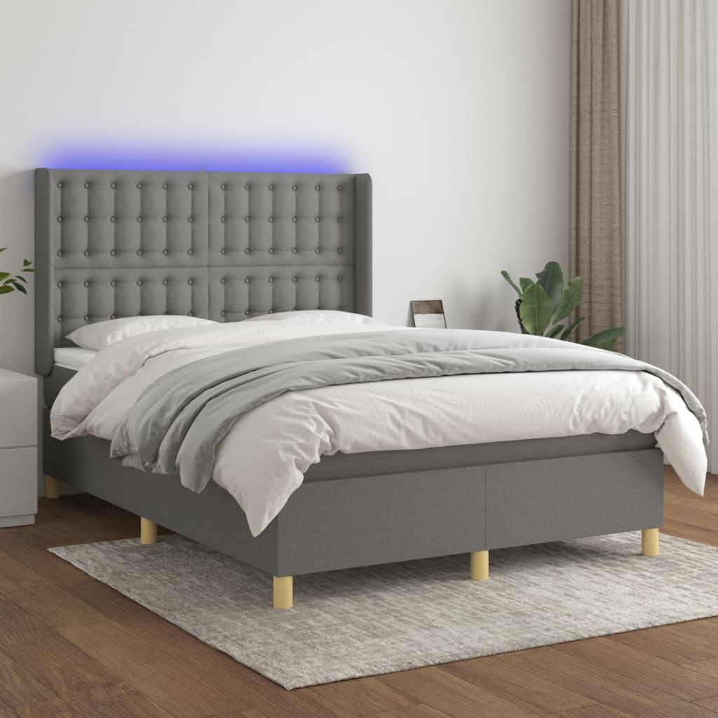 Κρεβάτι Boxspring με Στρώμα & LED Σκ.Γκρι 140x200 εκ Υφασμάτινο