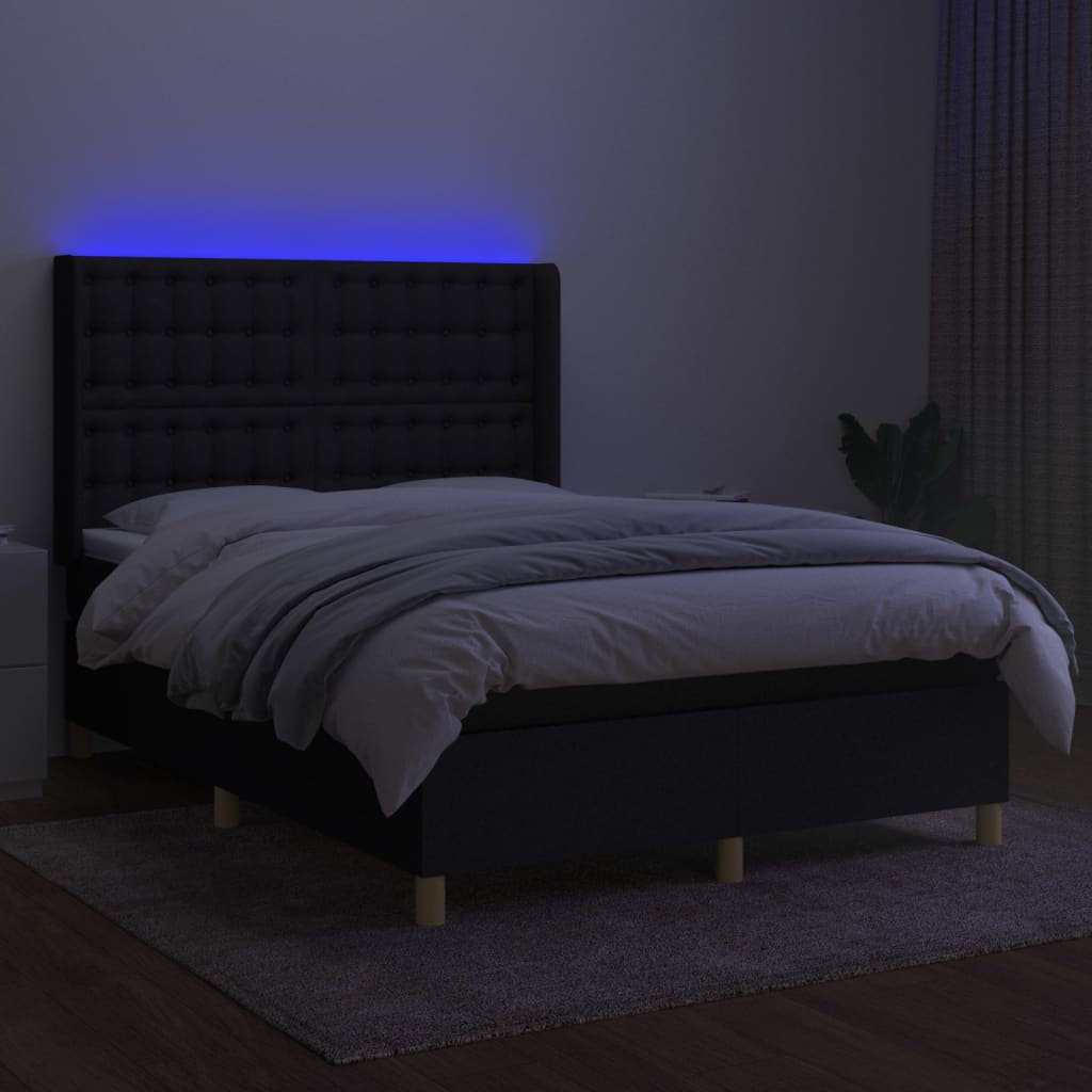 Κρεβάτι Boxspring με Στρώμα & LED Μαύρο 140x200 εκ. Υφασμάτινο