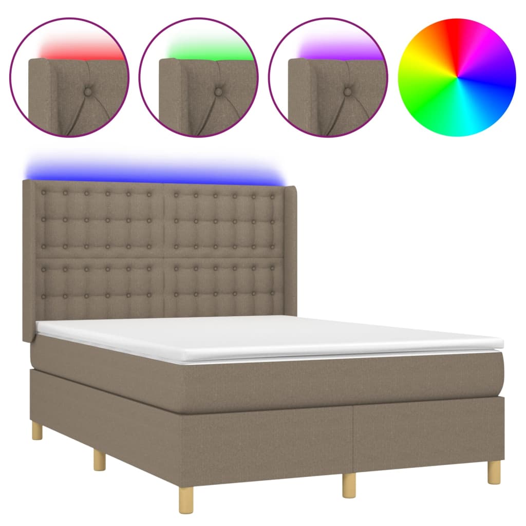 Κρεβάτι Boxspring με Στρώμα & LED Taupe 140x200 εκ. Υφασμάτινο