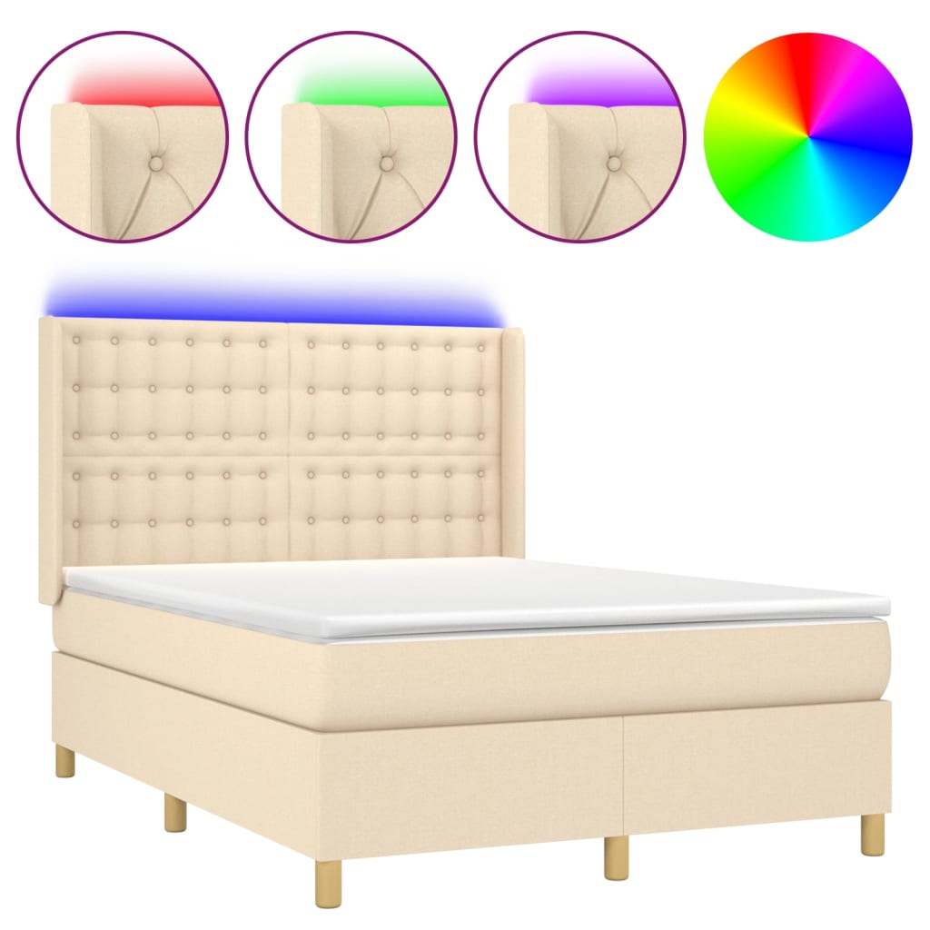Κρεβάτι Boxspring με Στρώμα & LED Κρεμ 140x200 εκ. Υφασμάτινο - Pakobazaar