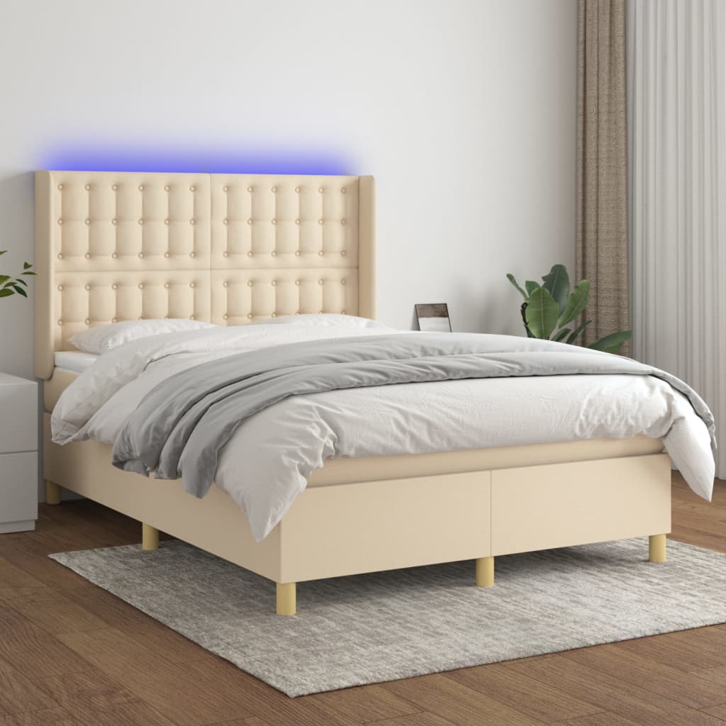 Κρεβάτι Boxspring με Στρώμα & LED Κρεμ 140x200 εκ. Υφασμάτινο - Pakobazaar