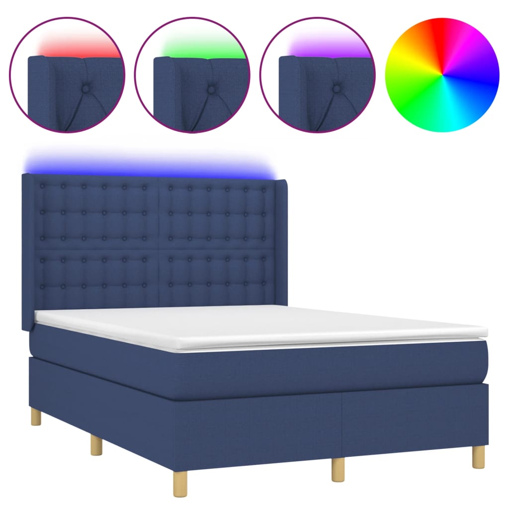 Κρεβάτι Boxspring με Στρώμα & LED Μπλε 140x200 εκ. Υφασμάτινο - Pakobazaar