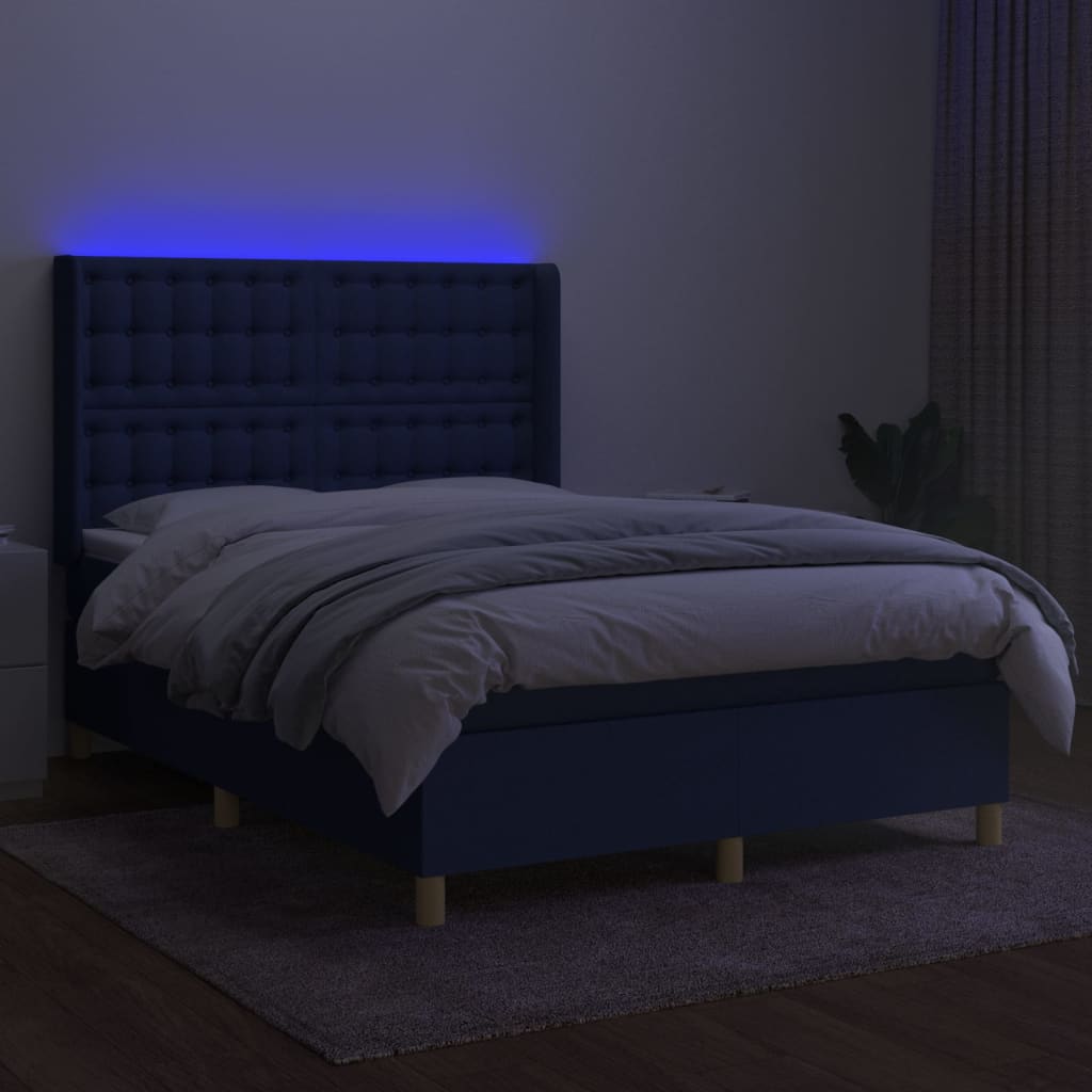 Κρεβάτι Boxspring με Στρώμα & LED Μπλε 140x200 εκ. Υφασμάτινο - Pakobazaar