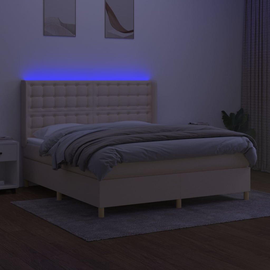 Κρεβάτι Boxspring με Στρώμα & LED Κρεμ 160x200 εκ. Υφασμάτινο