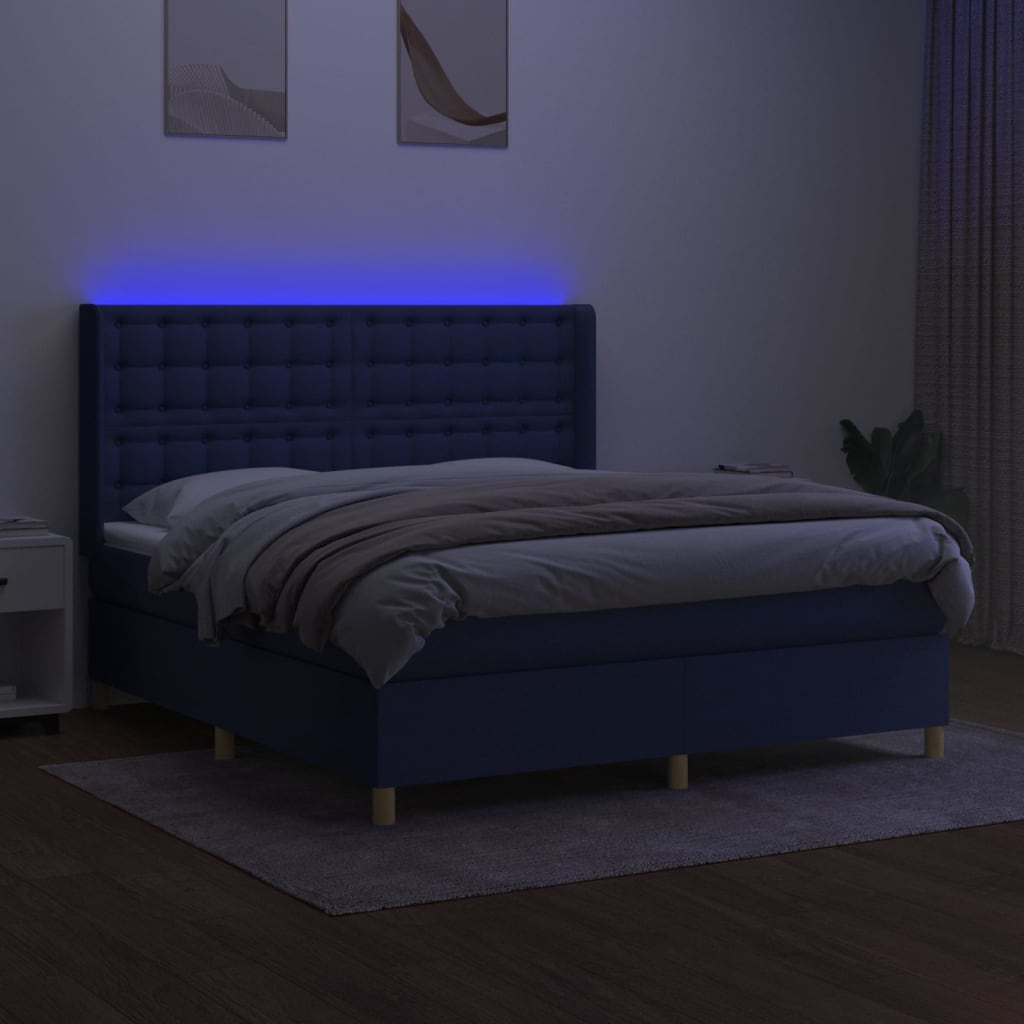 Κρεβάτι Boxspring με Στρώμα & LED Μπλε 160x200 εκ. Υφασμάτινο