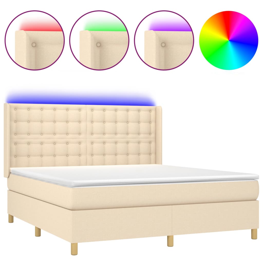 Κρεβάτι Boxspring με Στρώμα & LED Κρεμ 180x200 εκ. Υφασμάτινο