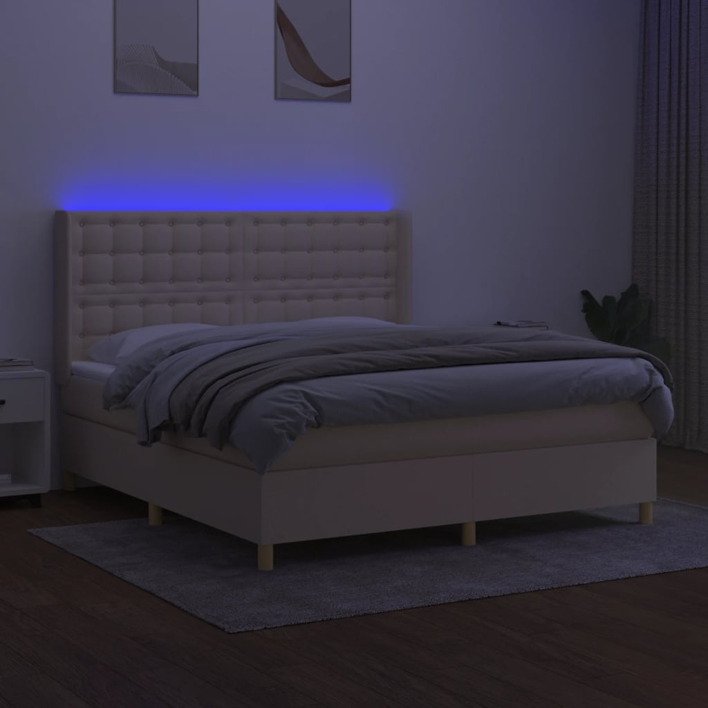 Κρεβάτι Boxspring με Στρώμα & LED Κρεμ 180x200 εκ. Υφασμάτινο