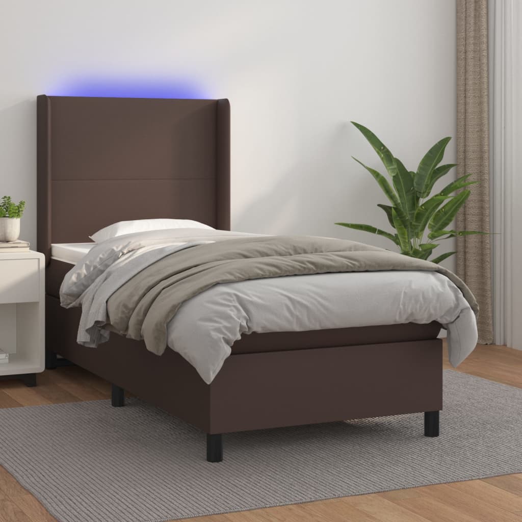 Κρεβάτι Boxspring με Στρώμα & LED Καφέ 80x200 εκ. Συνθ. Δέρμα