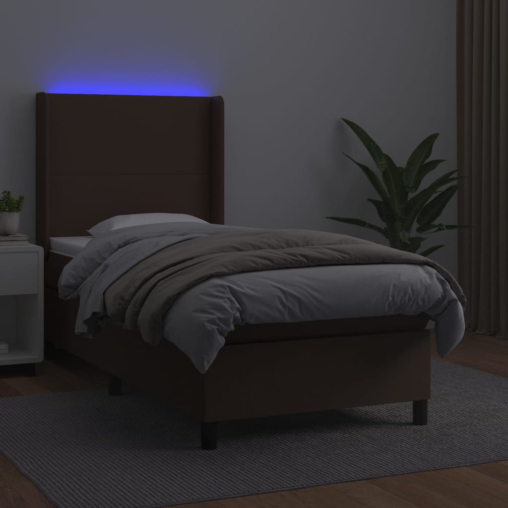 Κρεβάτι Boxspring με Στρώμα & LED Καφέ 90x190 εκ. Συνθ. Δέρμα