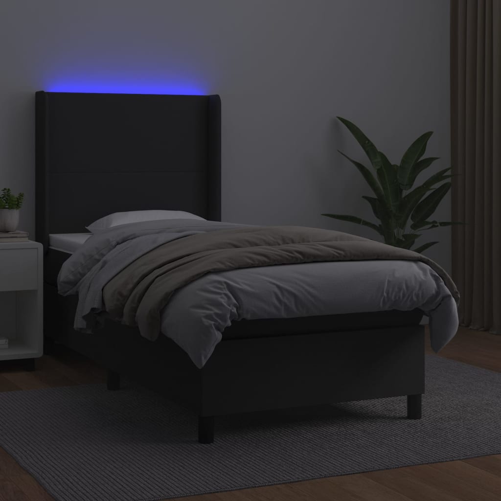 Κρεβάτι Boxspring με Στρώμα & LED Μαύρο 90x200 εκ. Συνθ. Δέρμα