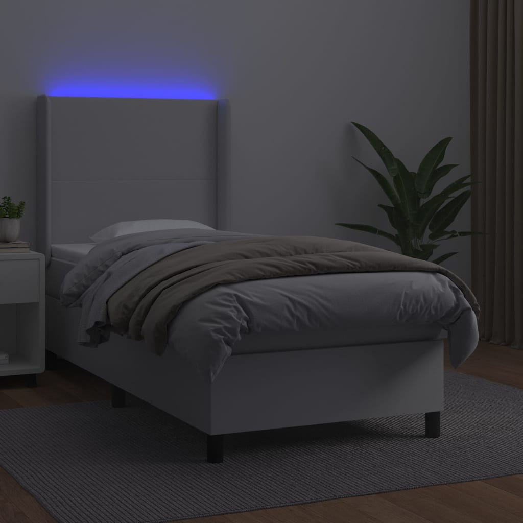 Κρεβάτι Boxspring με Στρώμα & LED Λευκό 90x200 εκ. Συνθ. Δέρμα