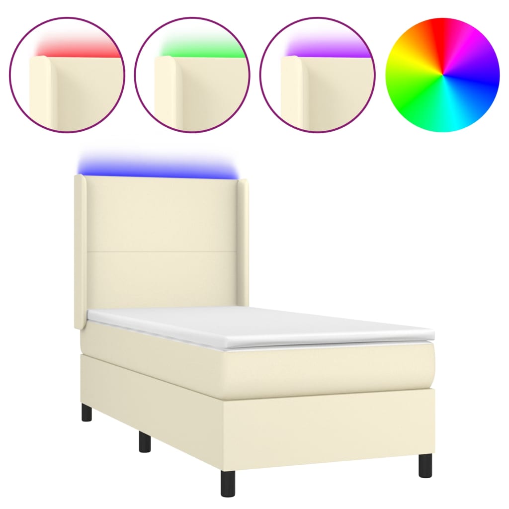 Κρεβάτι Boxspring με Στρώμα & LED Κρεμ 90x200 εκ. Συνθ. Δέρμα - Pakobazaar