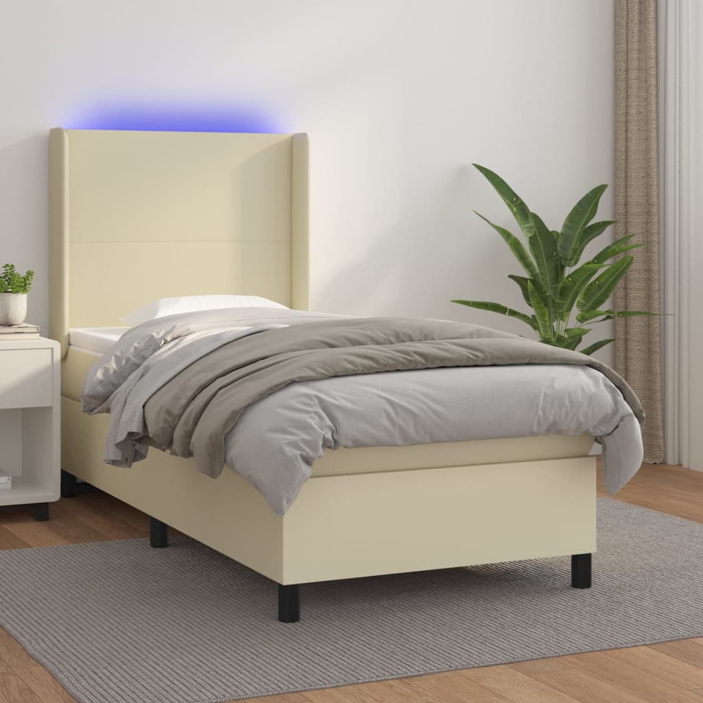 Κρεβάτι Boxspring με Στρώμα & LED Κρεμ 90x200 εκ. Συνθ. Δέρμα - Pakobazaar