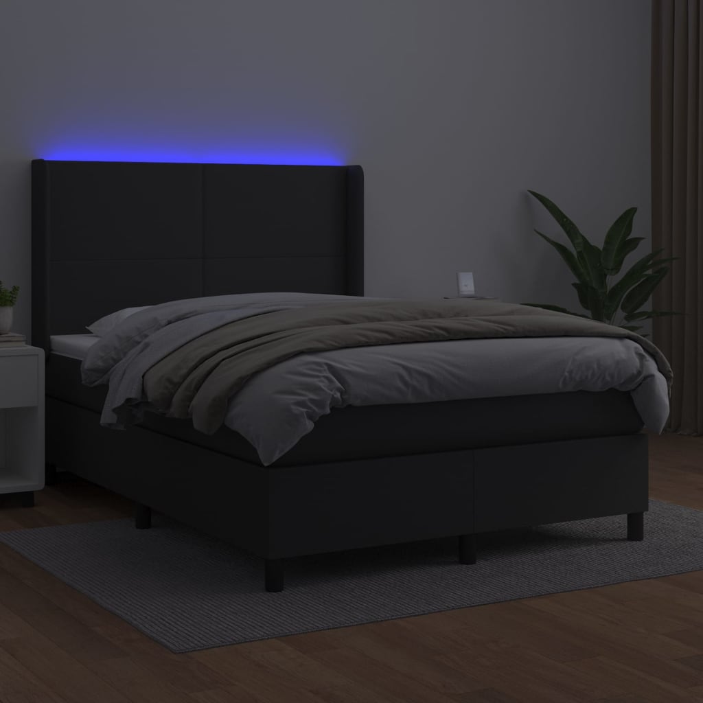 Κρεβάτι Boxspring με Στρώμα & LED Μαύρο 140x190 εκ. Συνθ. Δέρμα