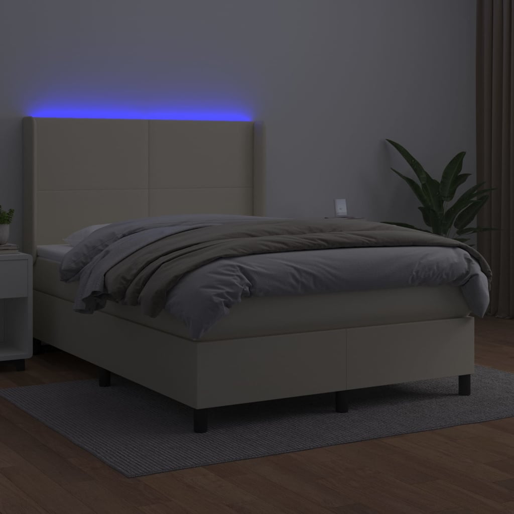 Κρεβάτι Boxspring με Στρώμα & LED Κρεμ 140x190 εκ. Συνθ. Δέρμα - Pakobazaar