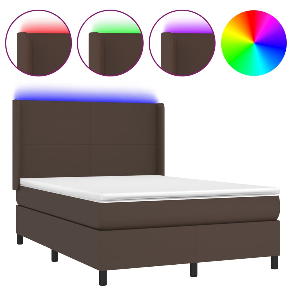 Κρεβάτι Boxspring με Στρώμα & LED Καφέ 140x190 εκ. Συνθ. Δέρμα