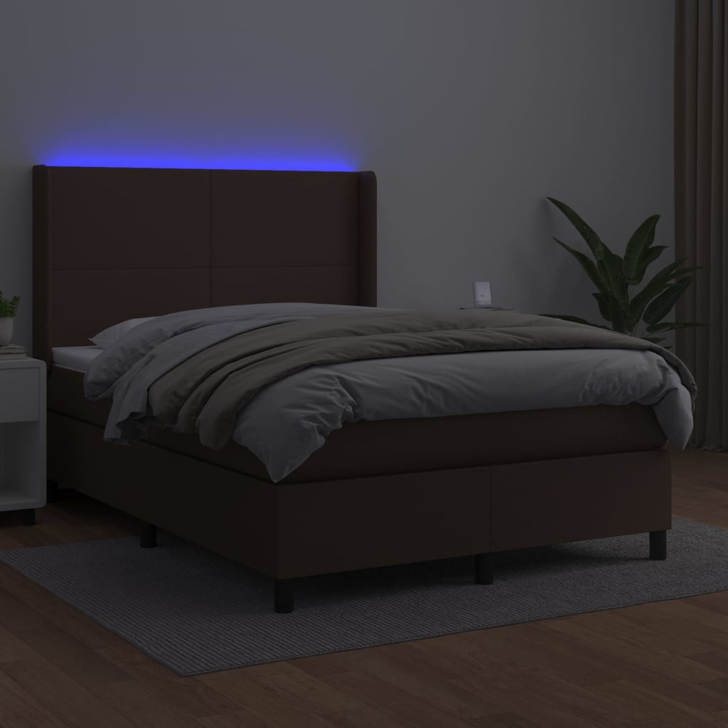 Κρεβάτι Boxspring με Στρώμα & LED Καφέ 140x190 εκ. Συνθ. Δέρμα