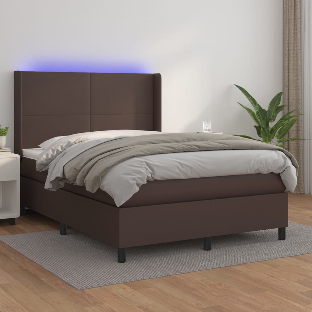 Κρεβάτι Boxspring με Στρώμα & LED Καφέ 140x190 εκ. Συνθ. Δέρμα
