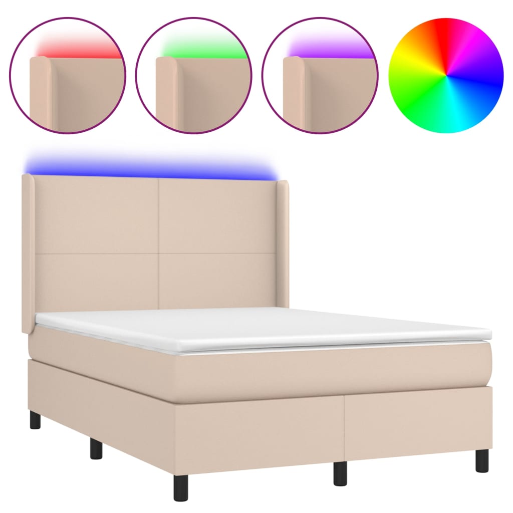 Κρεβάτι Boxspring Στρώμα&LED Καπουτσίνο 140x190 εκ. Συνθ. Δέρμα