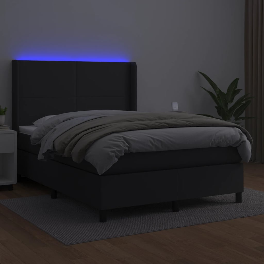 Κρεβάτι Boxspring με Στρώμα & LED Μαύρο 140x200 εκ. Συνθ. Δέρμα - Pakobazaar