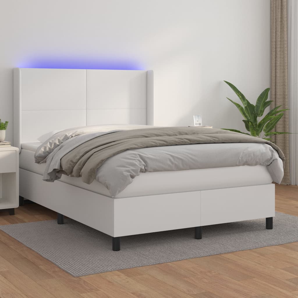 Κρεβάτι Boxspring με Στρώμα & LED Λευκό 140x200 εκ. Συνθ. Δέρμα