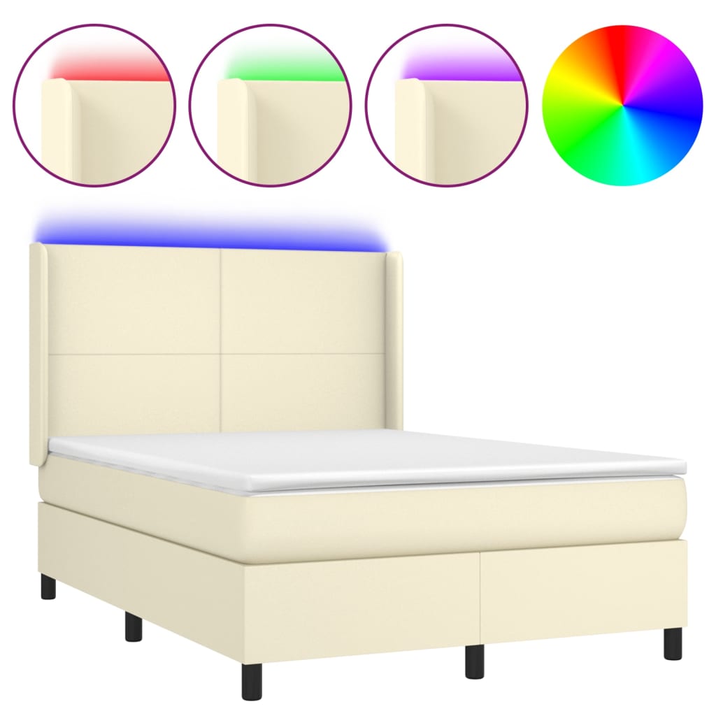 Κρεβάτι Boxspring με Στρώμα & LED Κρεμ 140x200 εκ. Συνθ. Δέρμα - Pakobazaar