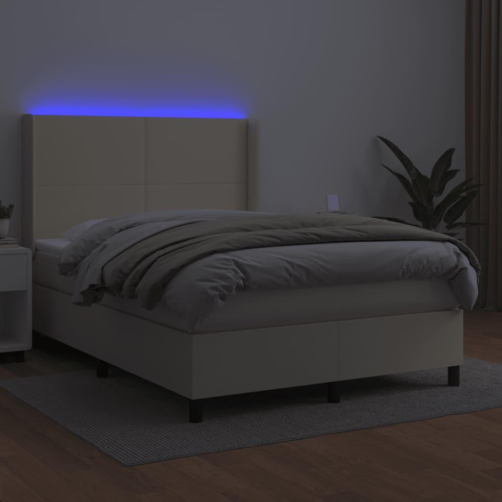 Κρεβάτι Boxspring με Στρώμα & LED Κρεμ 140x200 εκ. Συνθ. Δέρμα - Pakobazaar