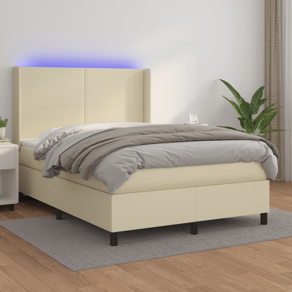 Κρεβάτι Boxspring με Στρώμα & LED Κρεμ 140x200 εκ. Συνθ. Δέρμα - Pakobazaar