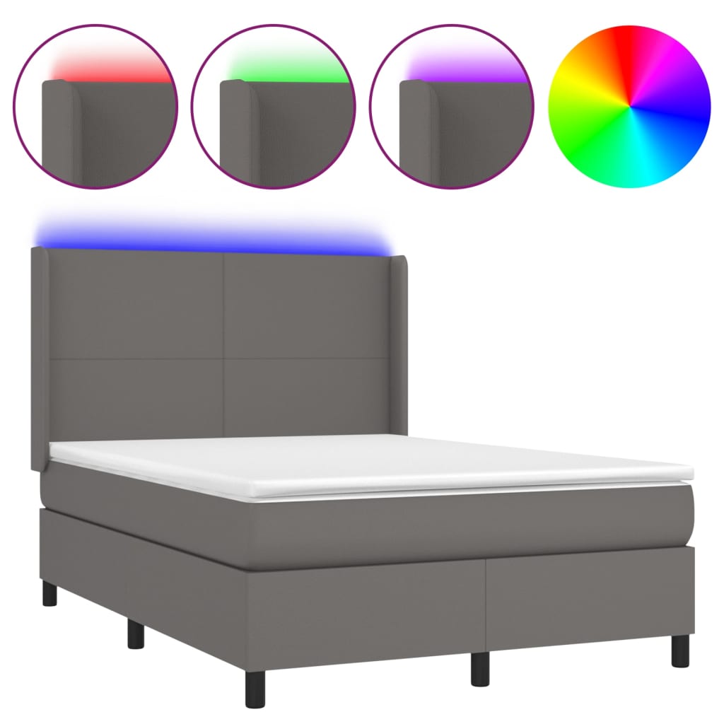 Κρεβάτι Boxspring με Στρώμα & LED Γκρι 140x200 εκ. Συνθ. Δέρμα