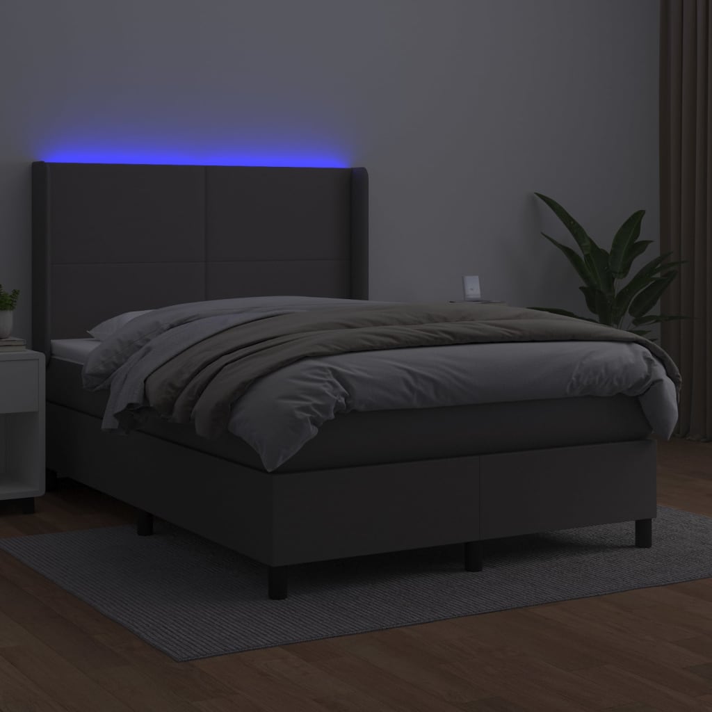 Κρεβάτι Boxspring με Στρώμα & LED Γκρι 140x200 εκ. Συνθ. Δέρμα