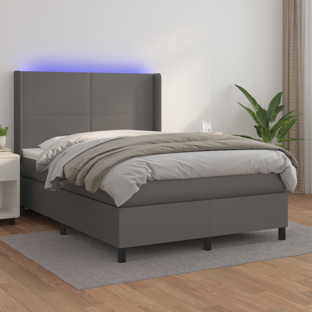 Κρεβάτι Boxspring με Στρώμα & LED Γκρι 140x200 εκ. Συνθ. Δέρμα