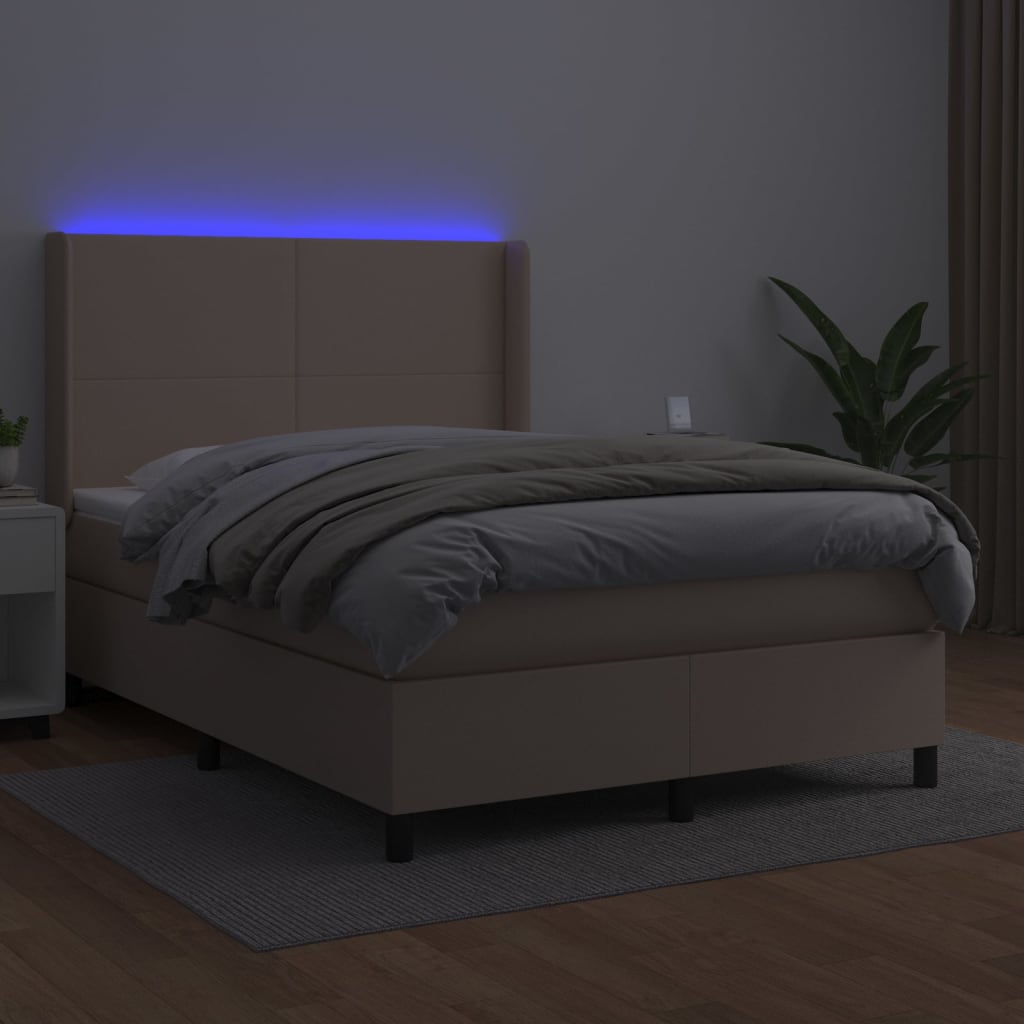 Κρεβάτι Boxspring Στρώμα&LED Καπουτσίνο 140x200 εκ. Συνθ. Δέρμα - Pakobazaar