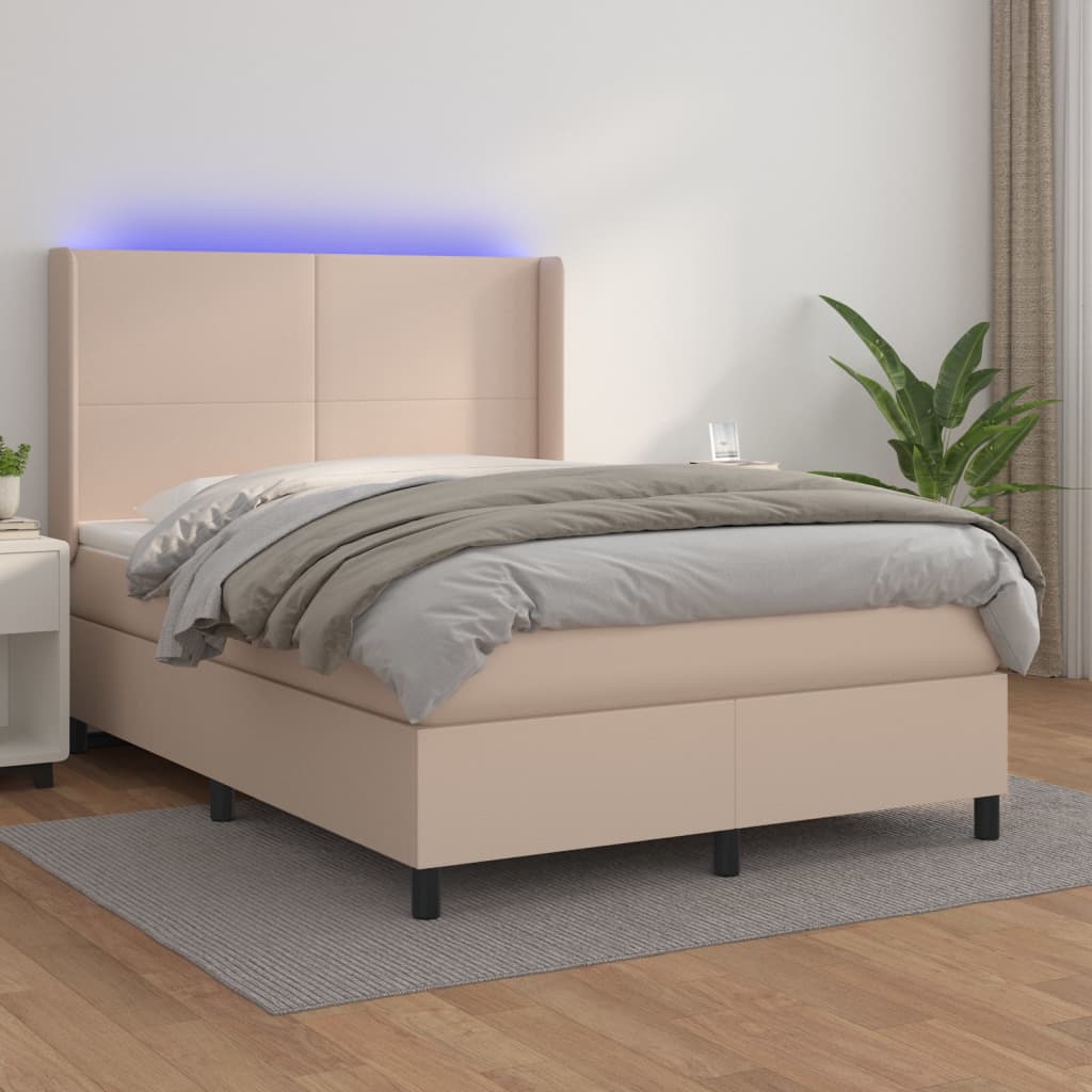 Κρεβάτι Boxspring Στρώμα&LED Καπουτσίνο 140x200 εκ. Συνθ. Δέρμα - Pakobazaar