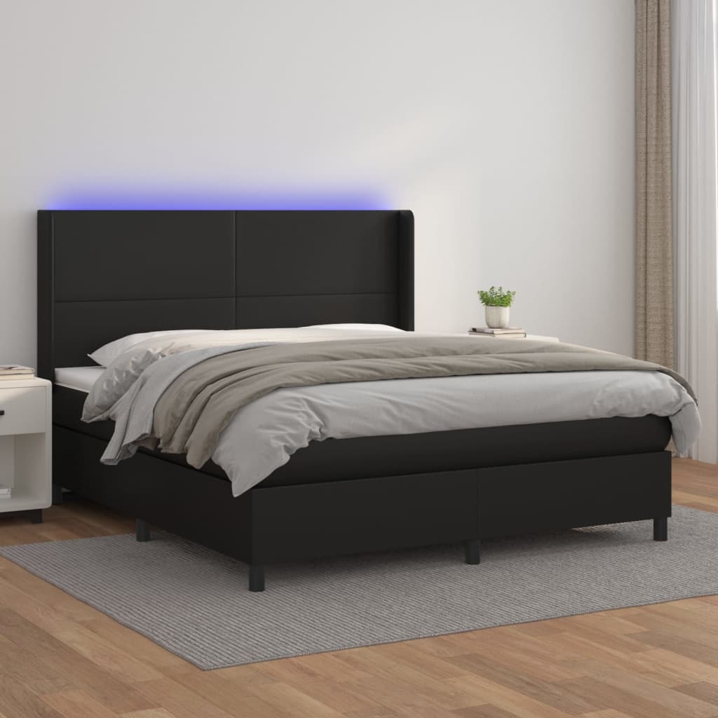 Κρεβάτι Boxspring με Στρώμα & LED Μαύρο 160x200 εκ. Συνθ. Δέρμα