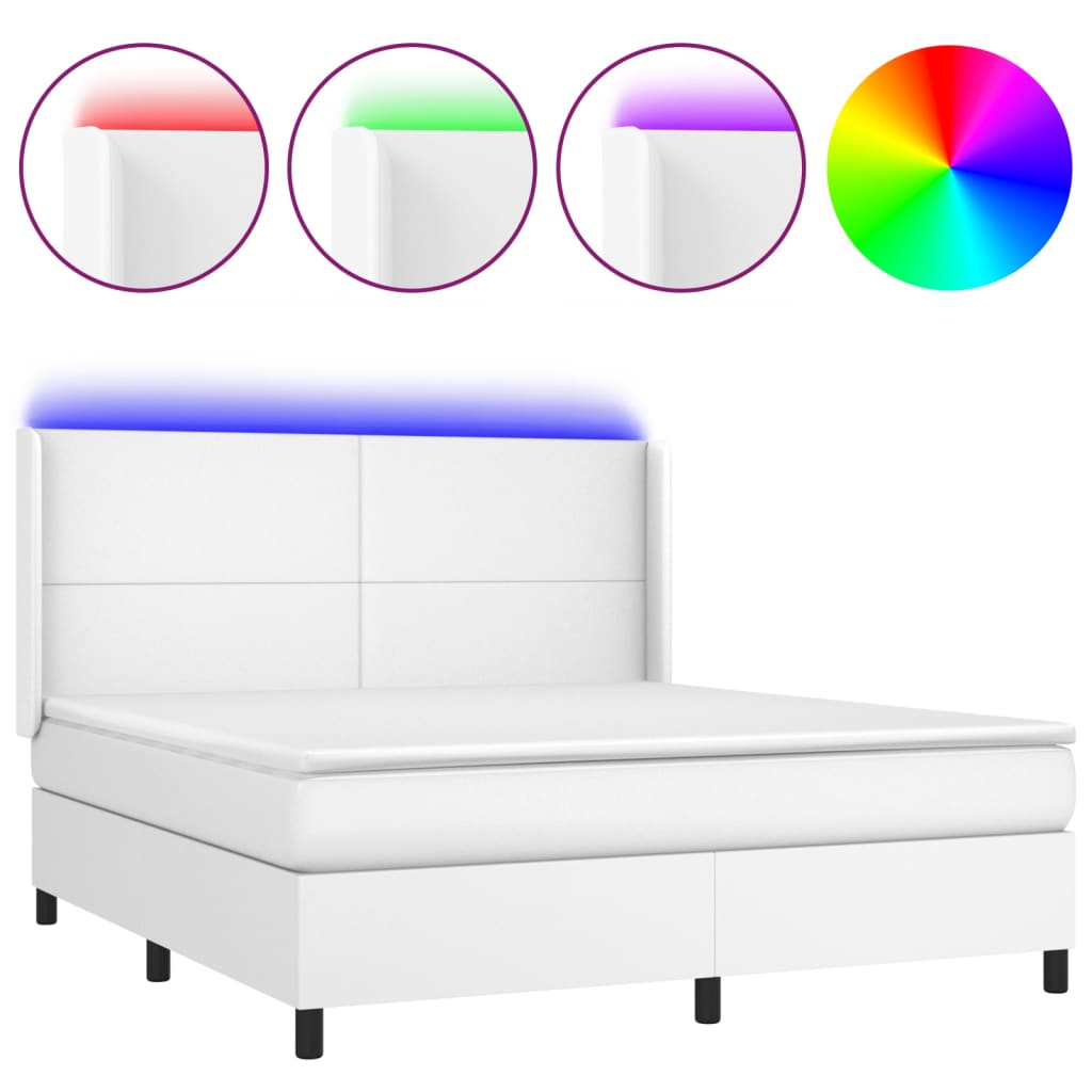 Κρεβάτι Boxspring με Στρώμα & LED Λευκό 160x200 εκ. Συνθ. Δέρμα